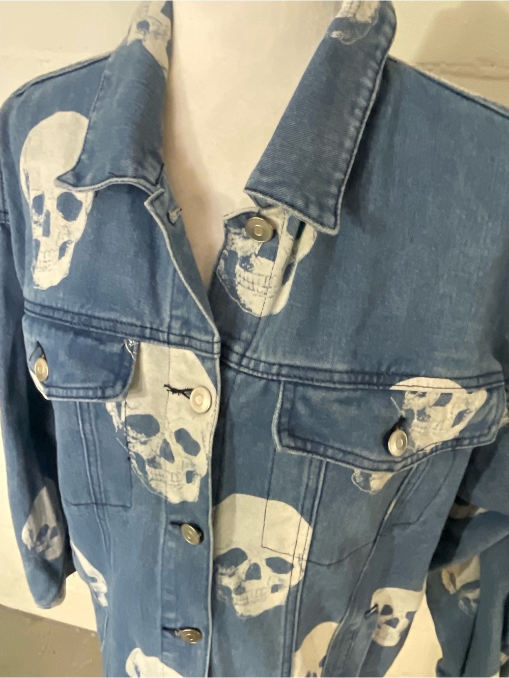 Fantastic Fawn Blue Denim Jacket with White Skull Print - Picture 2 of 4
